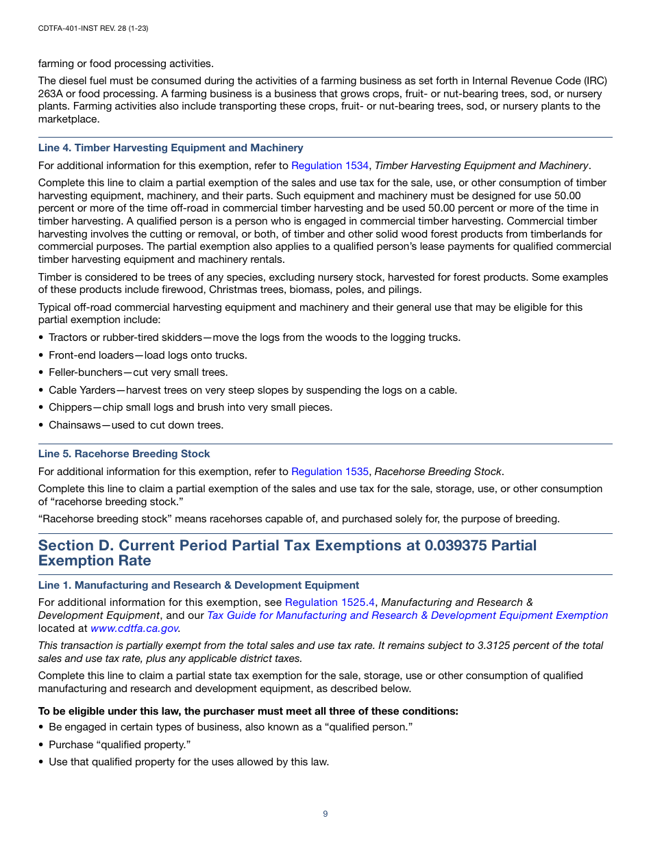 Instructions for Form CDTFA-401 State, Local, and District Sales and Use Tax Return - California, Page 9