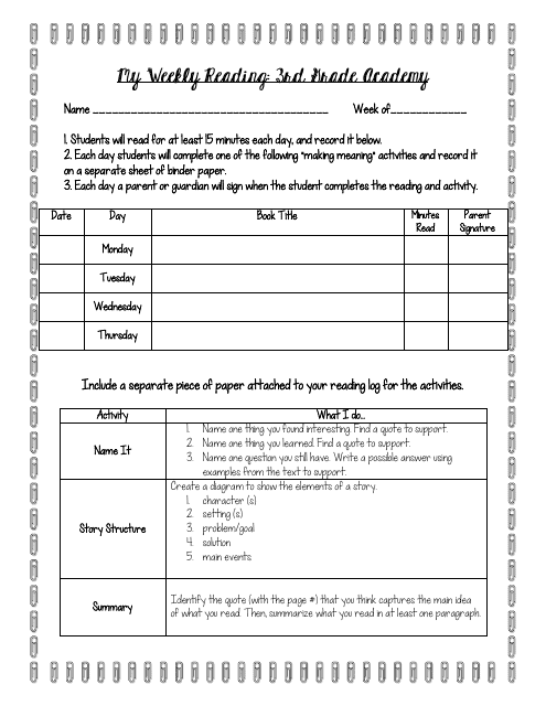 Weekly Reading Planner Template - 3rd Grade Academy Image Preview