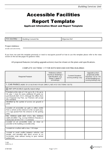 Form T-203 (A7401068) Accessible Facilities Report Template - Tauranga City, Bay of Plenty, New Zealand