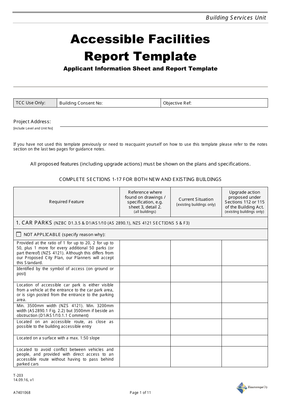 Form T-203 (A7401068) Accessible Facilities Report Template - Tauranga City, Bay of Plenty, New Zealand, Page 1