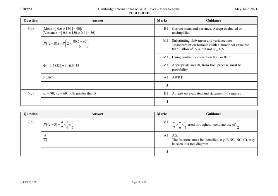 May / June 2021 Cambridge International as  a Level: Mathematics Paper 5 Probability  Statistics 1 - Mark Scheme, Page 12