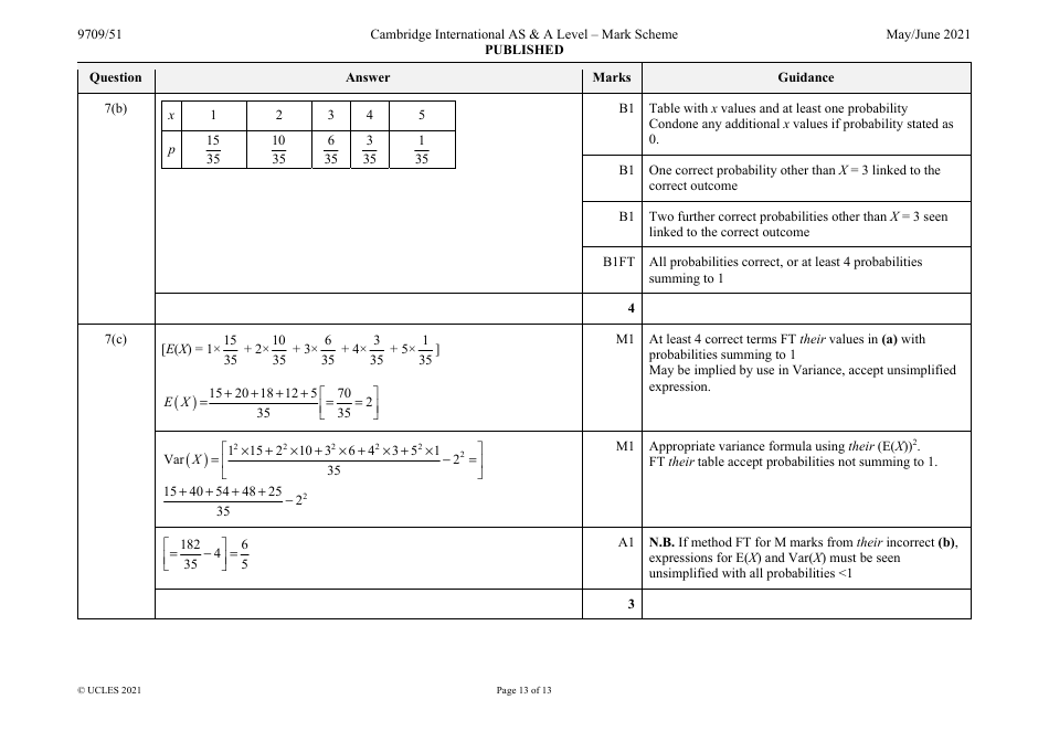 May / June 2021 Cambridge International as  a Level: Mathematics Paper 5 Probability  Statistics 1 - Mark Scheme, Page 13