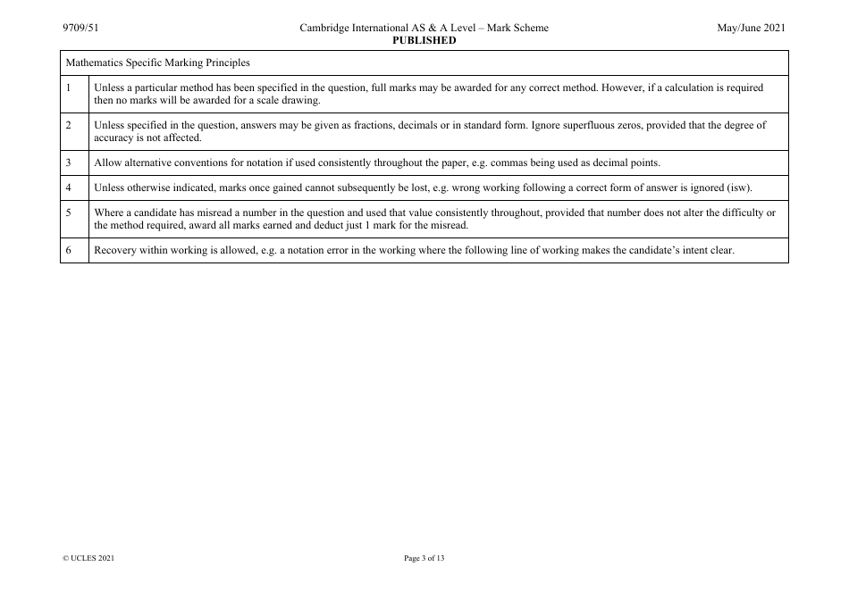 May / June 2021 Cambridge International as  a Level: Mathematics Paper 5 Probability  Statistics 1 - Mark Scheme, Page 3