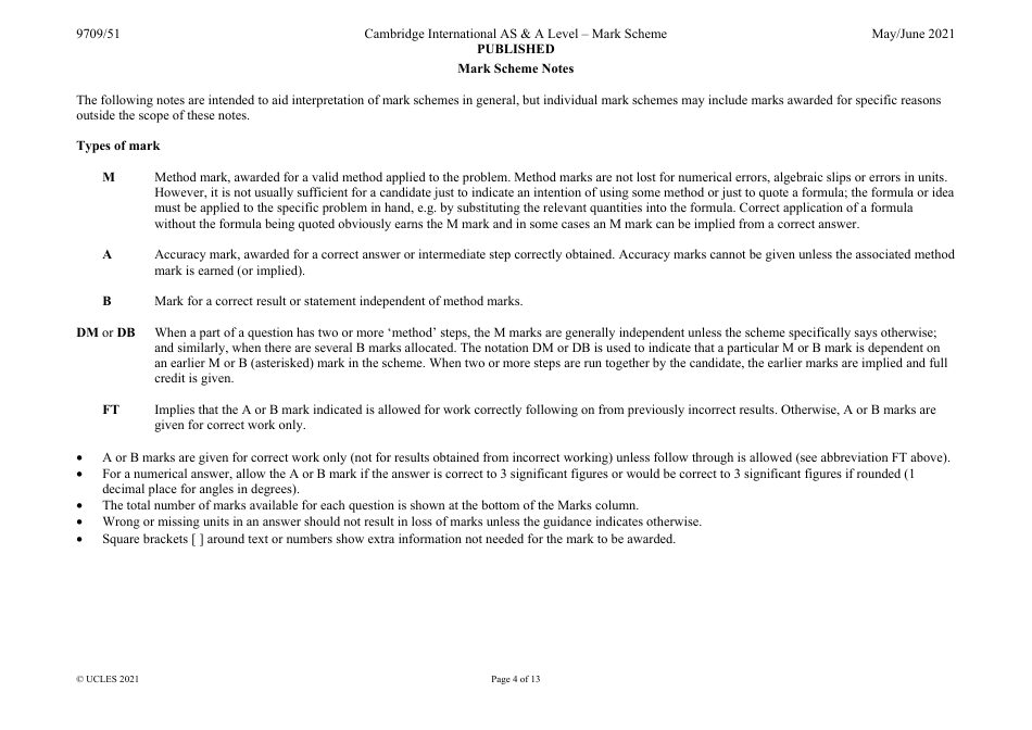 May / June 2021 Cambridge International as  a Level: Mathematics Paper 5 Probability  Statistics 1 - Mark Scheme, Page 4
