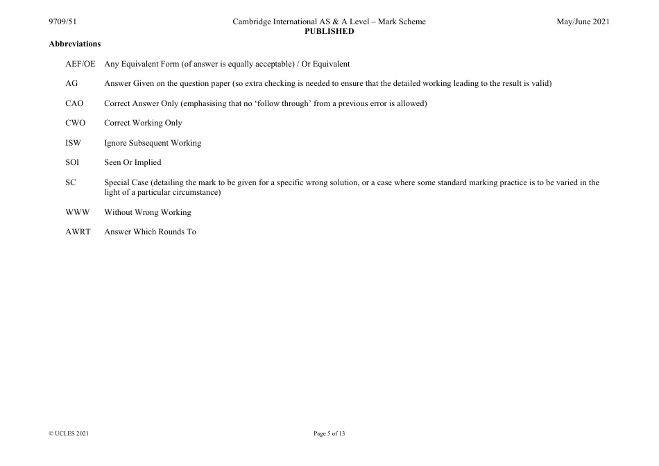 May / June 2021 Cambridge International as  a Level: Mathematics Paper 5 Probability  Statistics 1 - Mark Scheme, Page 5