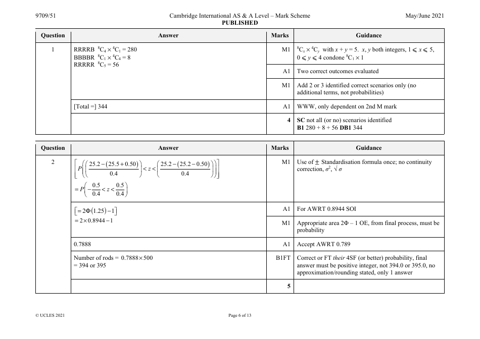 May / June 2021 Cambridge International as  a Level: Mathematics Paper 5 Probability  Statistics 1 - Mark Scheme, Page 6