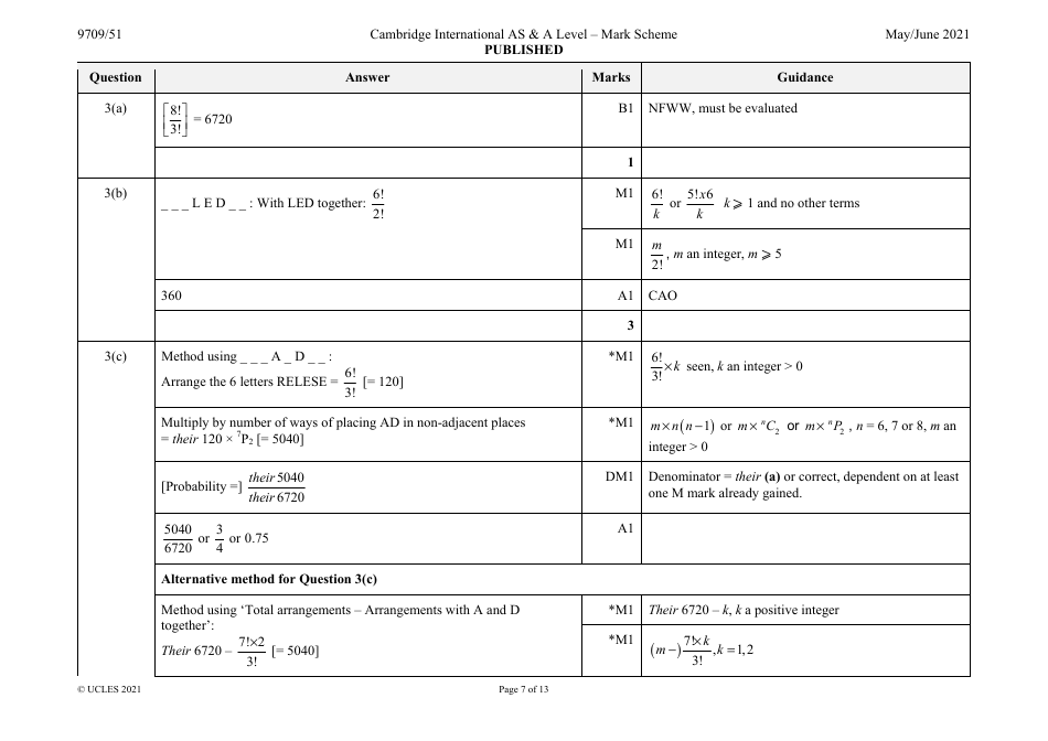 May / June 2021 Cambridge International as  a Level: Mathematics Paper 5 Probability  Statistics 1 - Mark Scheme, Page 7