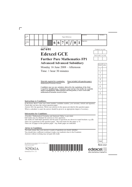 June 2008 Edexcel Gce Further Pure Mathematics Fp1 - Advanced/Advanced Subsidiary