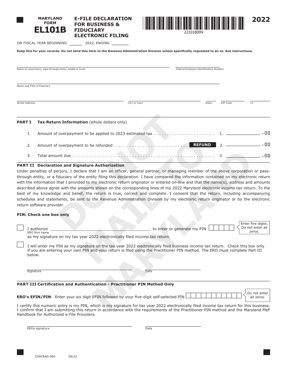 Maryland Form EL101B E-File Declaration for Business  Fiduciary Electronic Filing - Maryland, Page 1