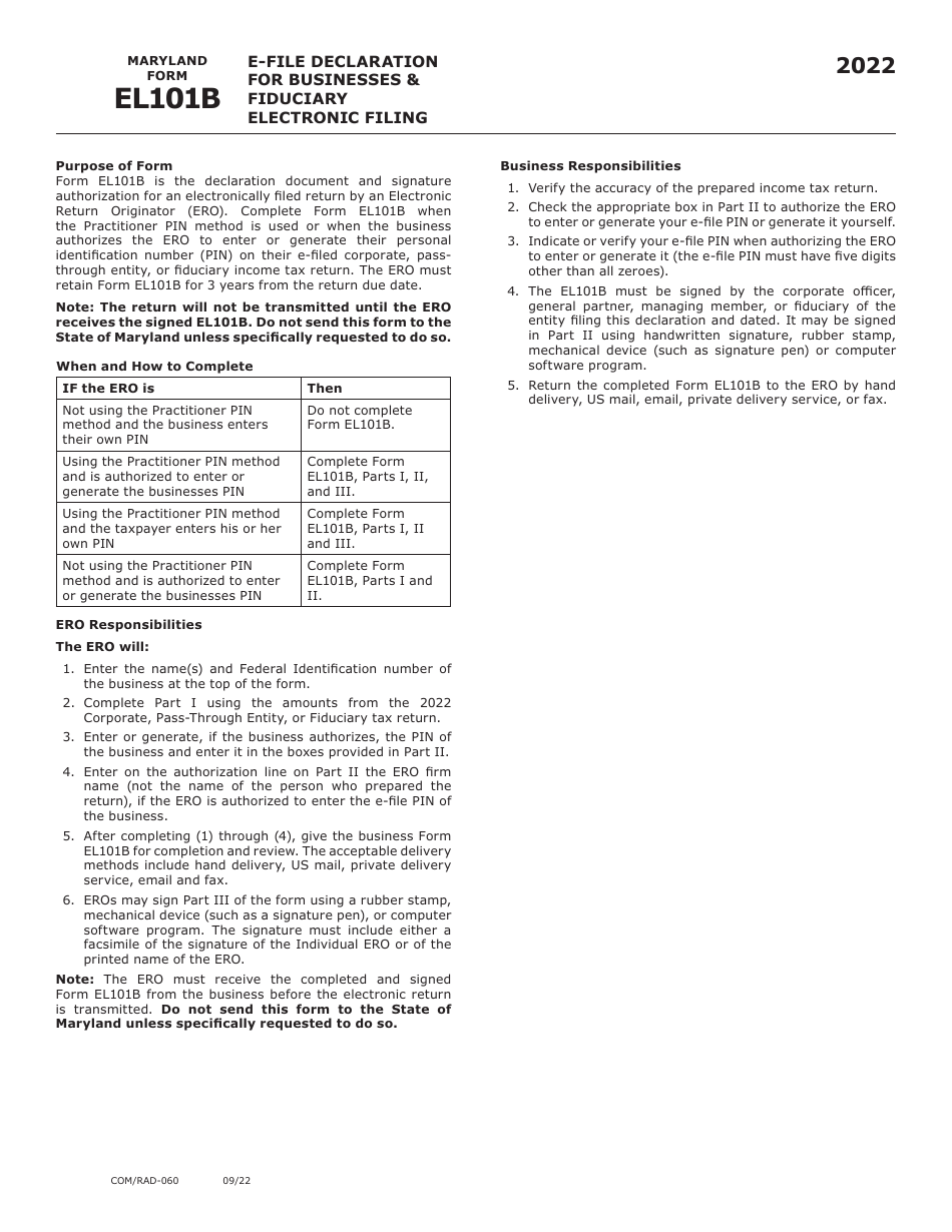 Maryland Form EL101B E-File Declaration for Business  Fiduciary Electronic Filing - Maryland, Page 2