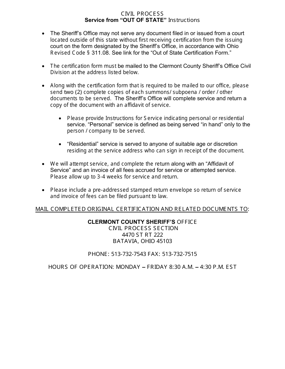 Certification for Ohio Service - Clermont County, Ohio, Page 1