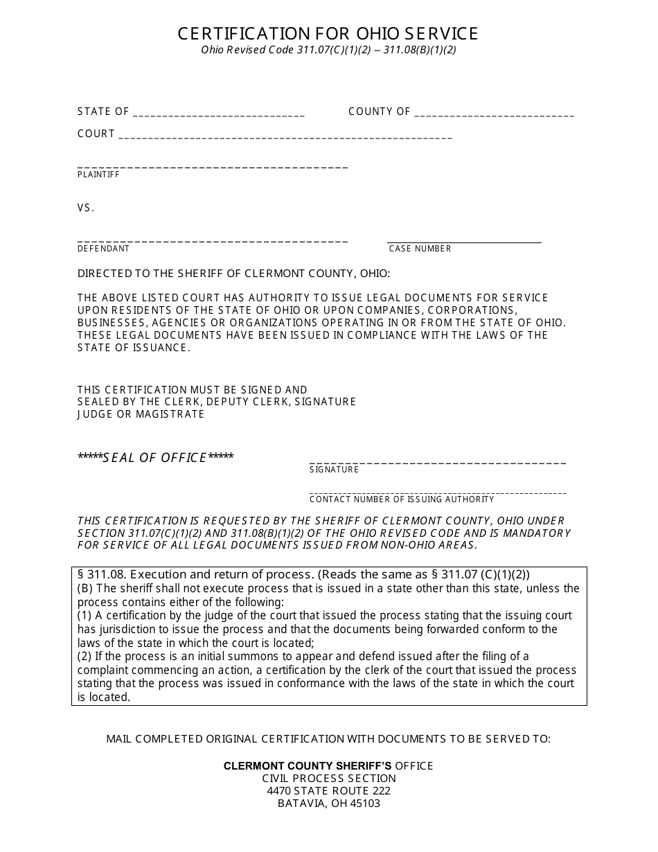 Certification for Ohio Service - Clermont County, Ohio, Page 2