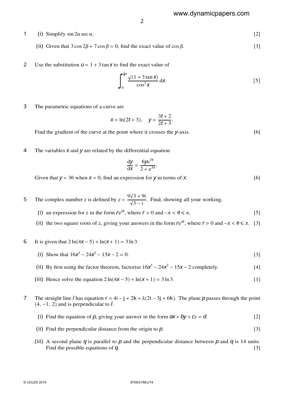 May / June 2014 Cambridge International Examinations: Mathematics Paper 3 Pure Mathematics 3 (P3), Page 2