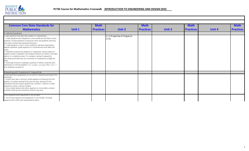 Pltw Course for Mathematics Crosswalk - Introduction to Engineering and Design (Ied) - Wisconsin, Page 5