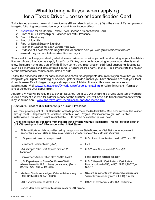 Form DL-15 What to Bring With You When Applying for a Texas Driver License or Identification Card - Texas