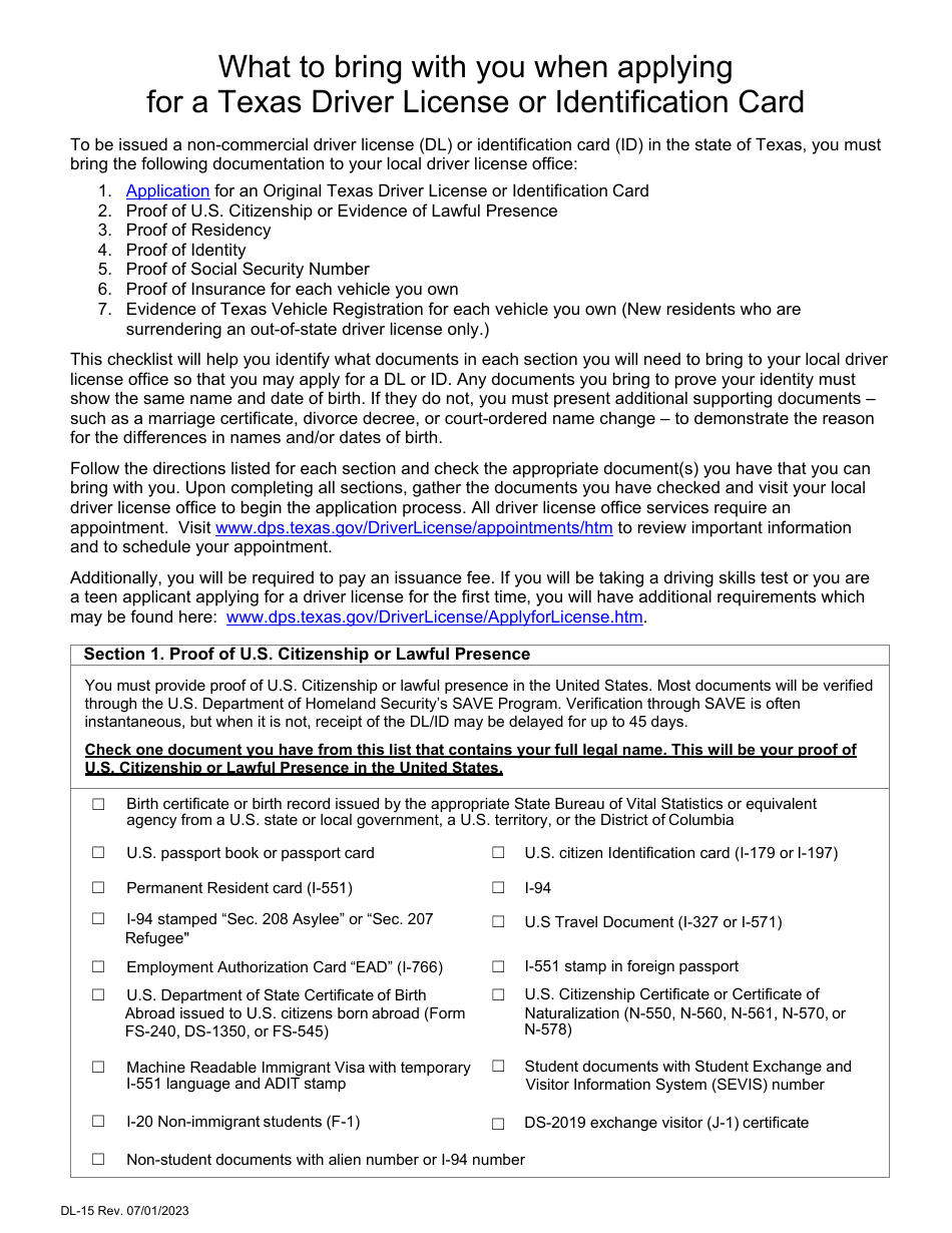 Form DL-15 What to Bring With You When Applying for a Texas Driver License or Identification Card - Texas, Page 1