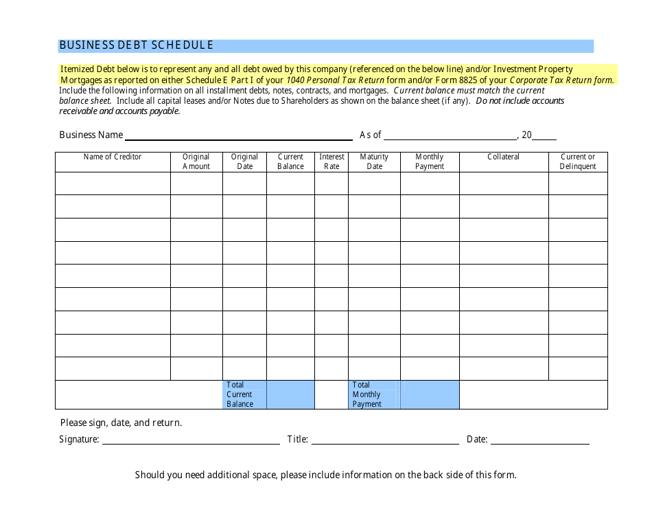 Business Debt Schedule Template