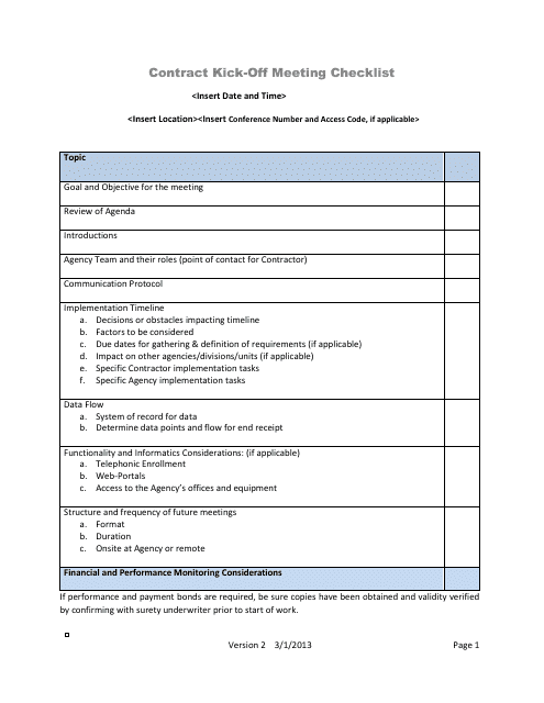 Contract Kick-Off Meeting Checklist Template Download Pdf