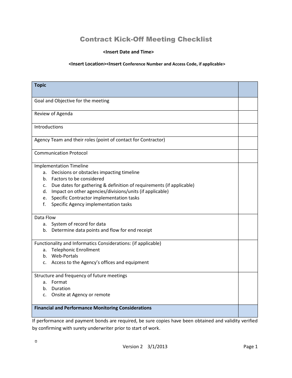 Contract Kick-Off Meeting Checklist Template, Page 1