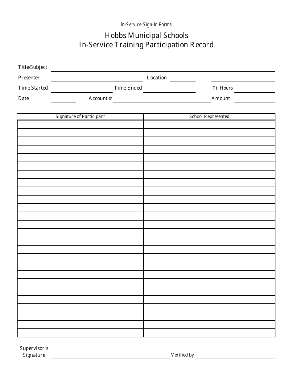 In-Service Training Participation Record Form - Hobbs Municipal Schools, Page 1