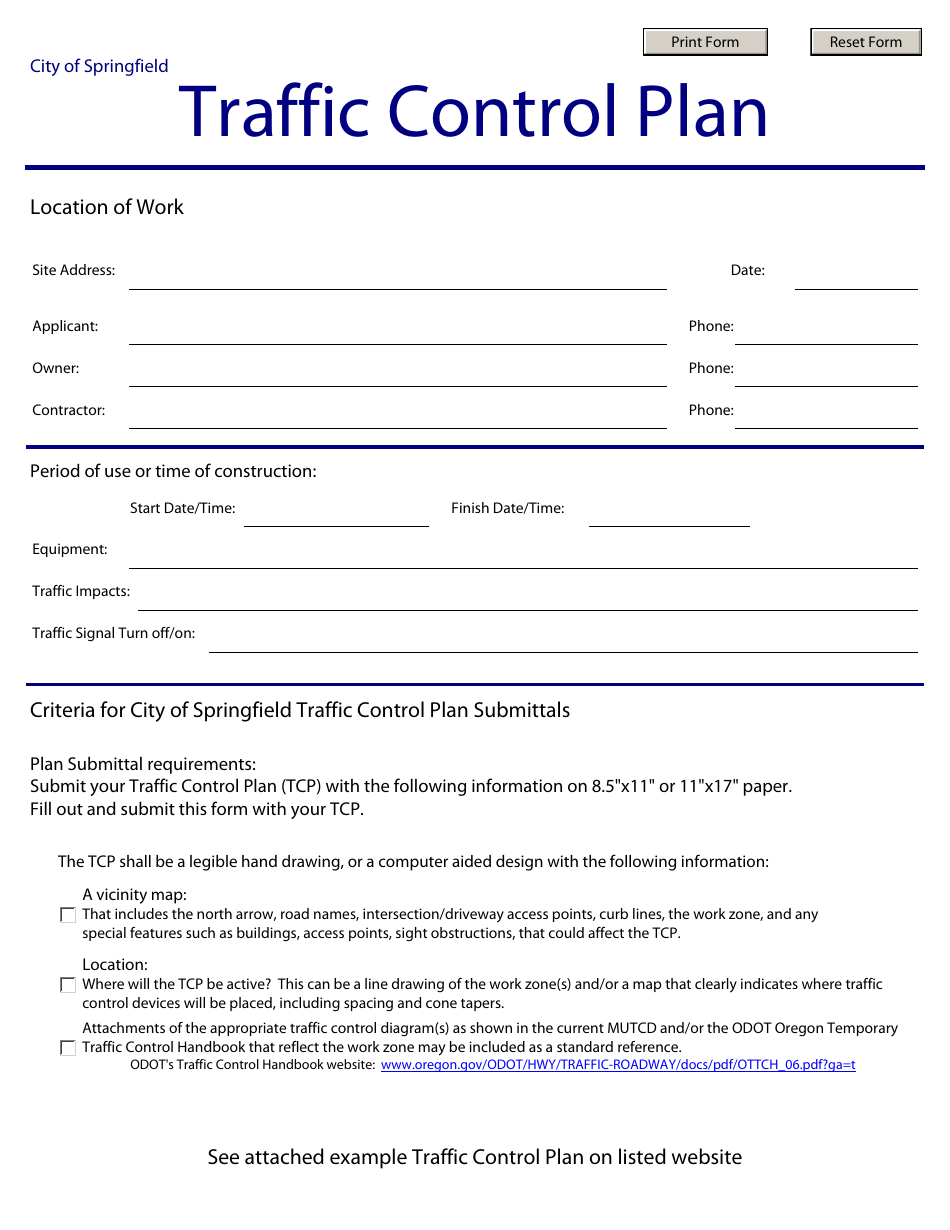 Traffic Control Plan Form - City of Springfield, Oregon, Page 1