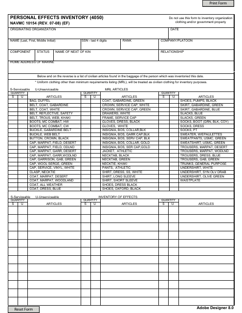 Form NAVMC10154 Personal Effects Inventory
