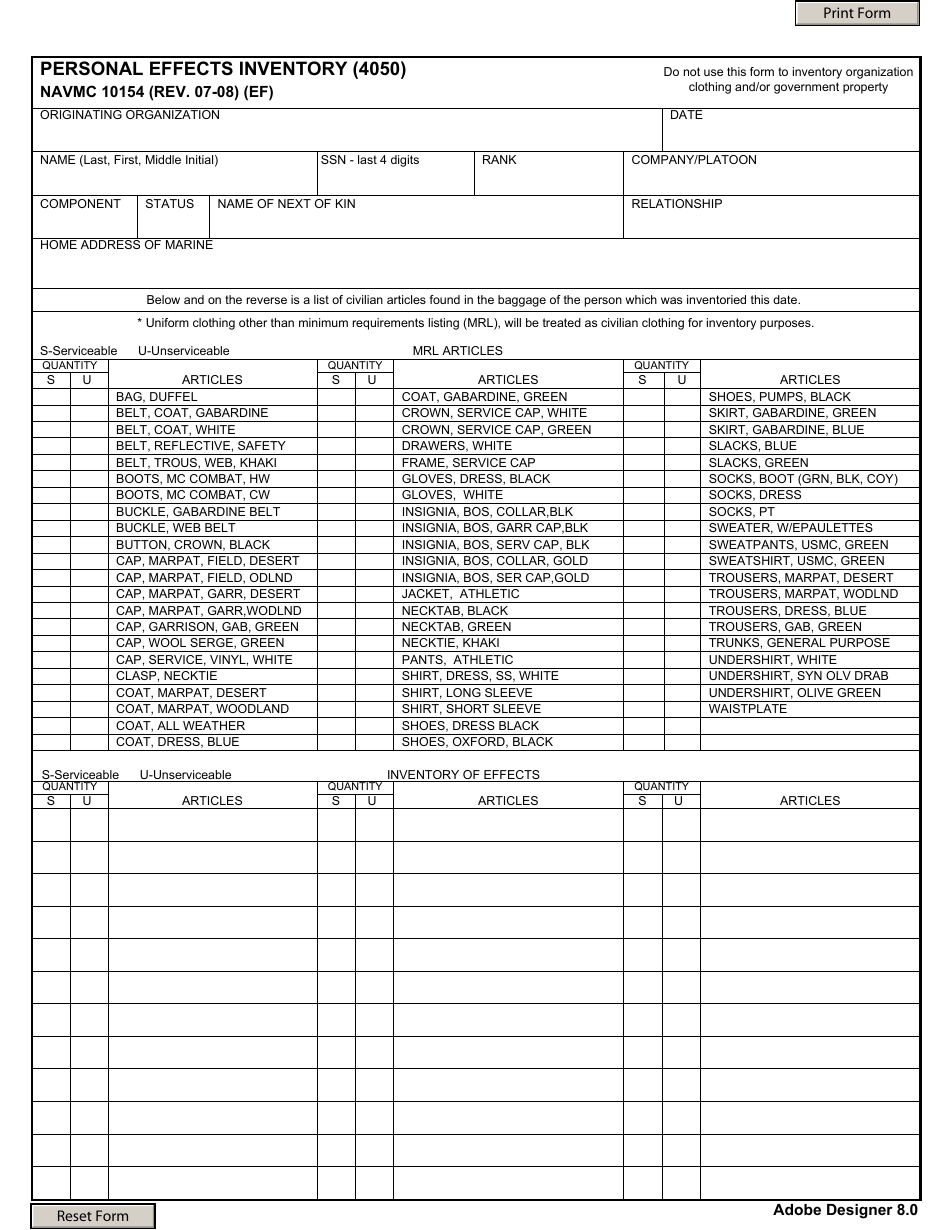 Form NAVMC10154 Personal Effects Inventory, Page 1