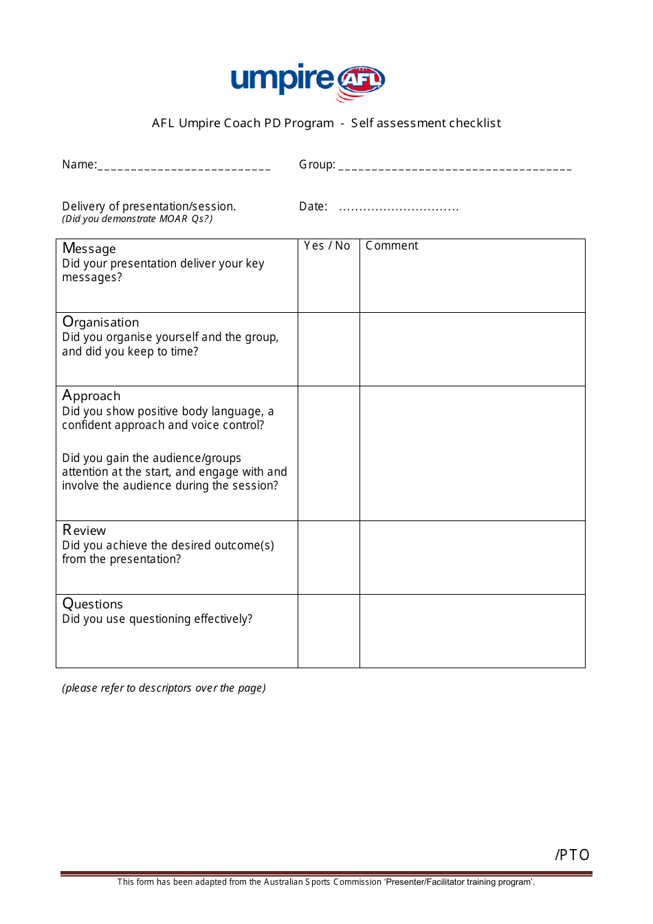 Self Assessment Checklist Template Umpire Afl Download Printable PDF