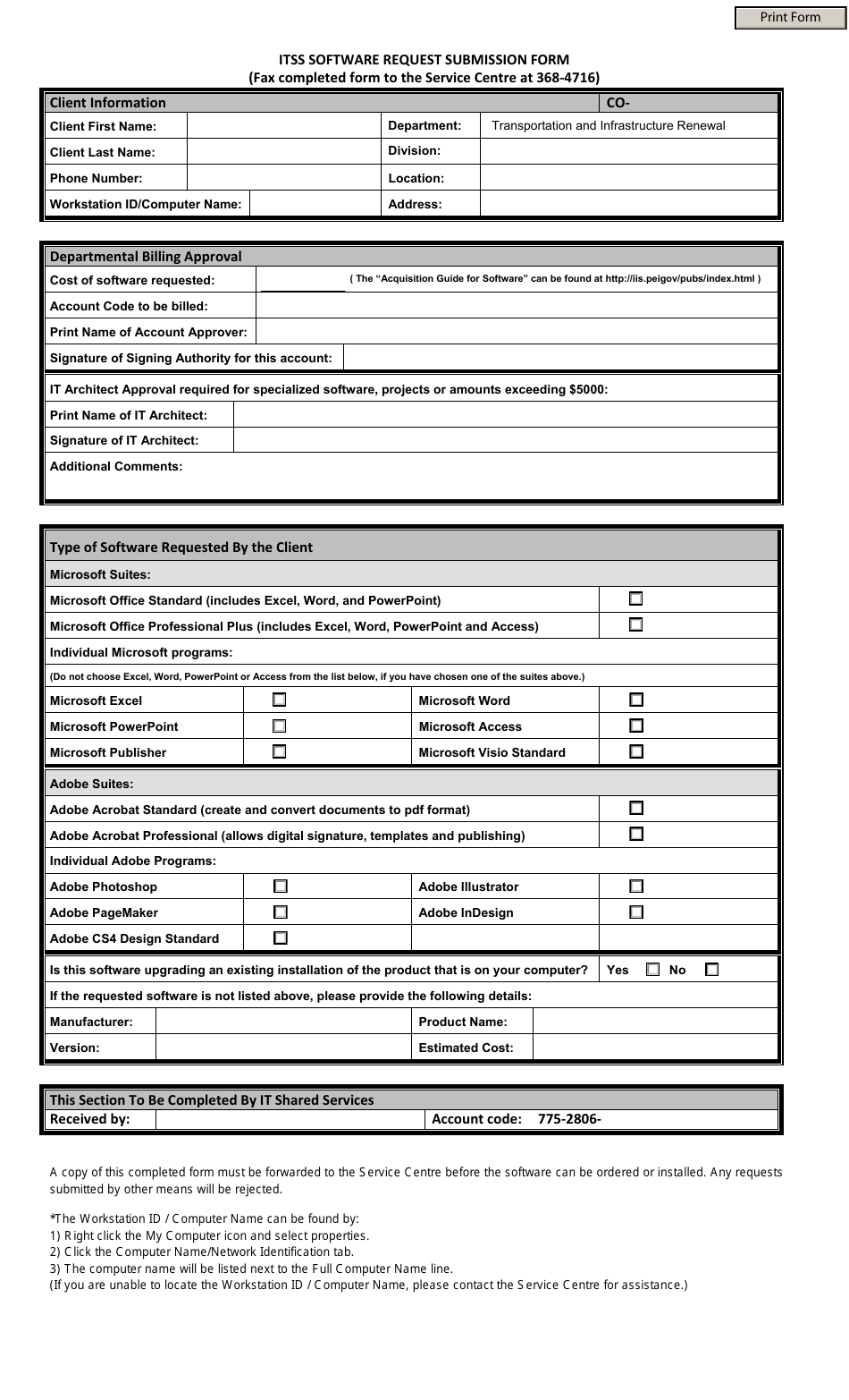 Itss Software Request Submission Form - Prince Edward Island, Canada, Page 1