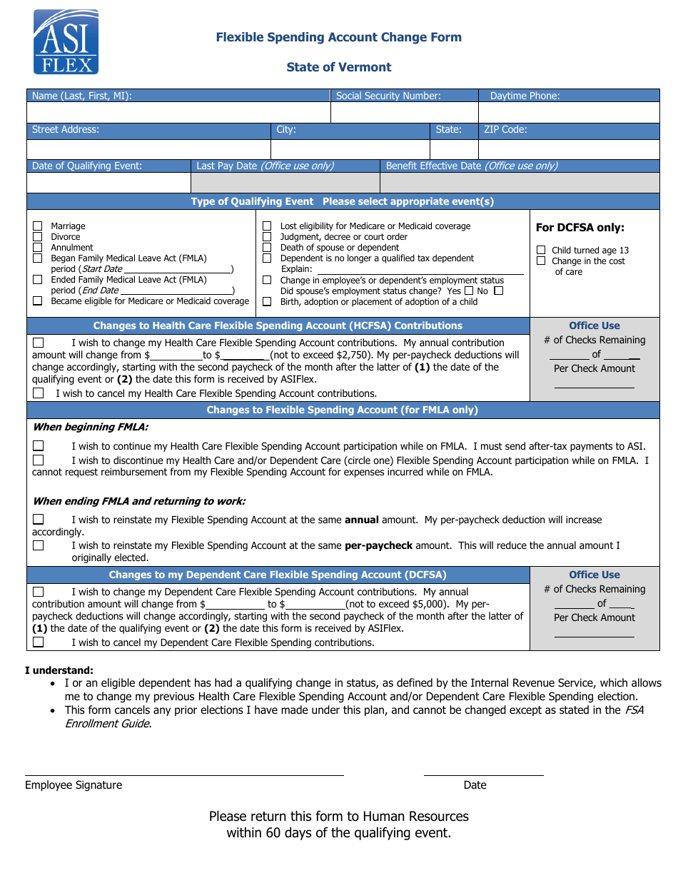 Flexible Spending Account Change Form - Vermont, Page 1