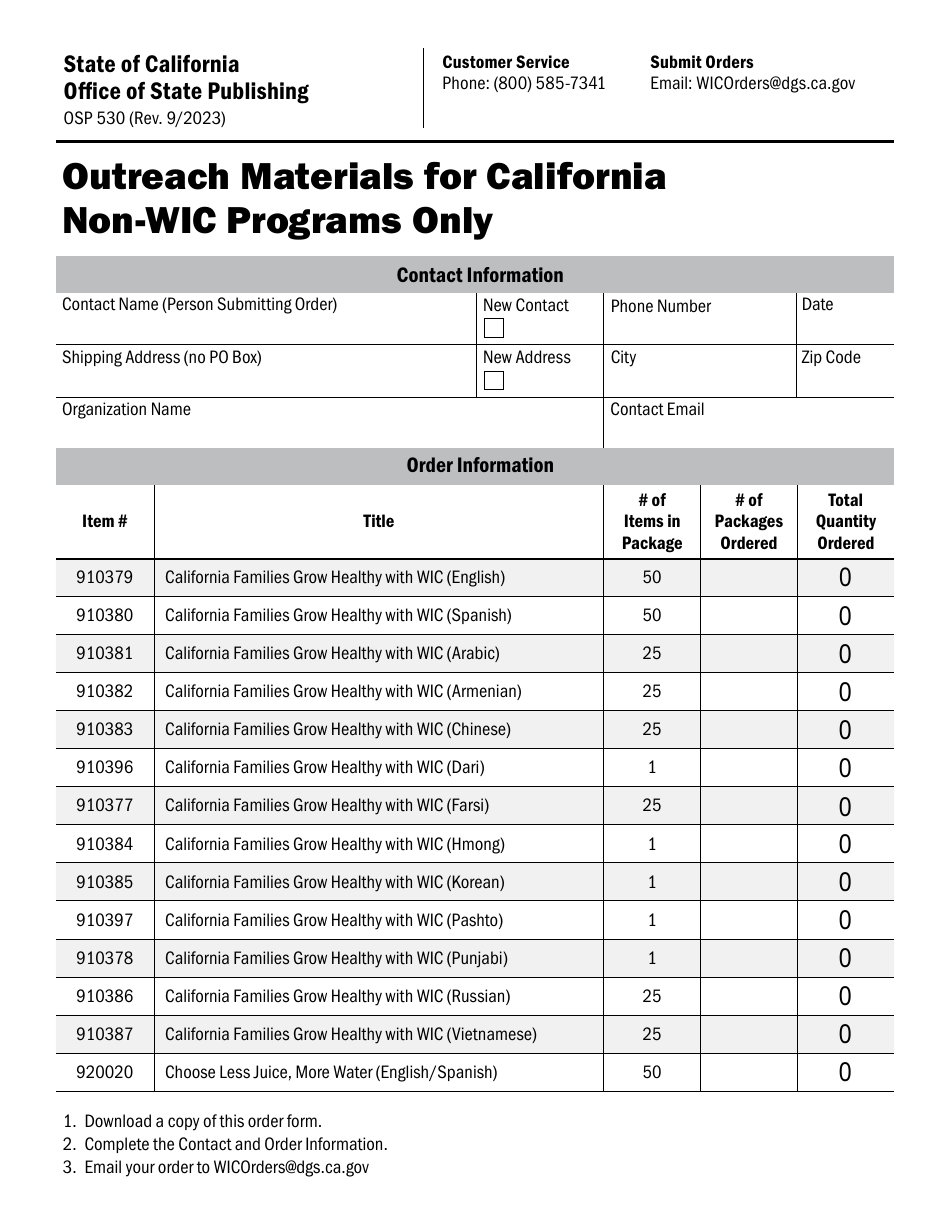Form OSP530 Outreach Materials for California Non-wic Programs Only - California, Page 1