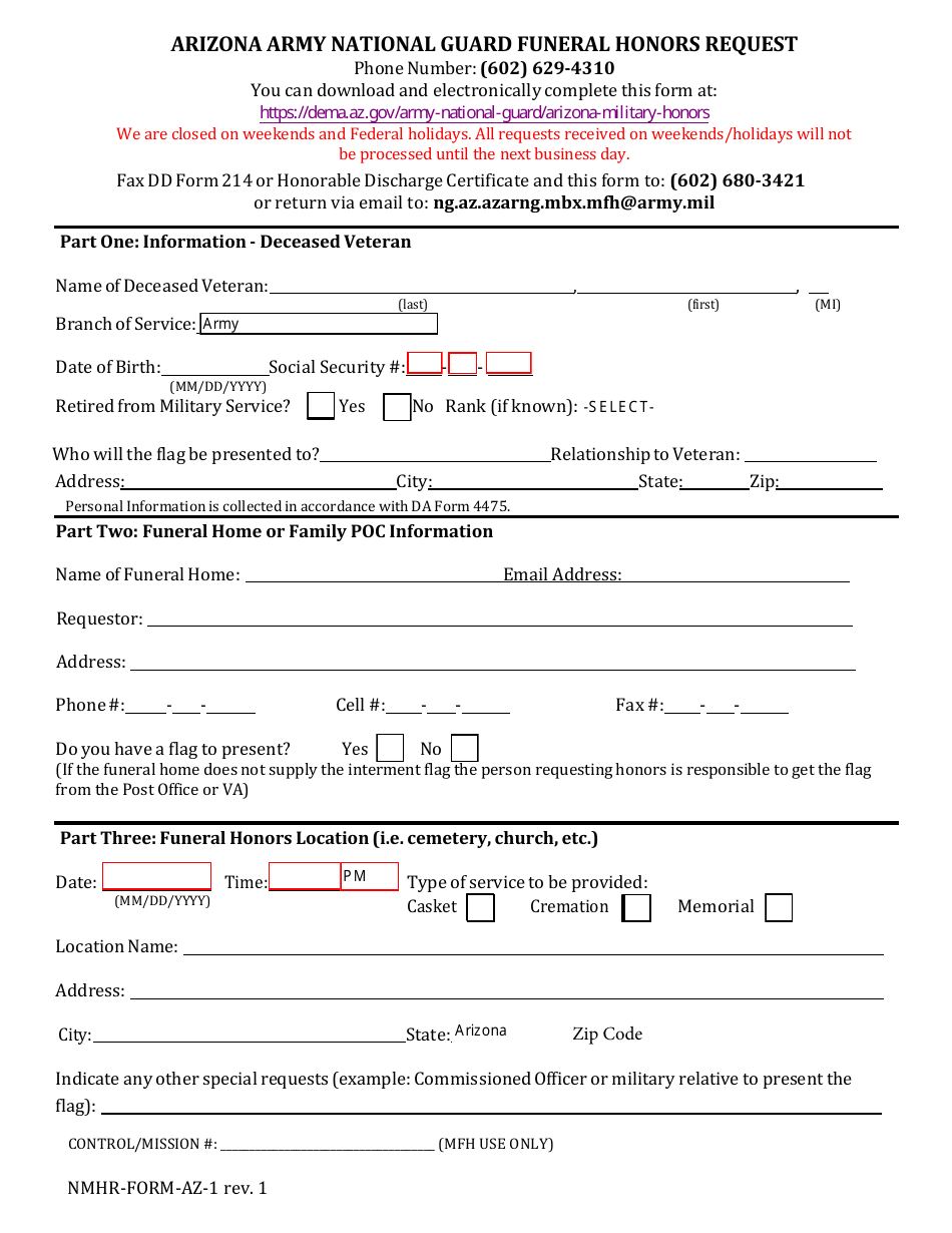 NMHR Form AZ-1 Arizona Army National Guard Funeral Honors Request - Arizona, Page 1