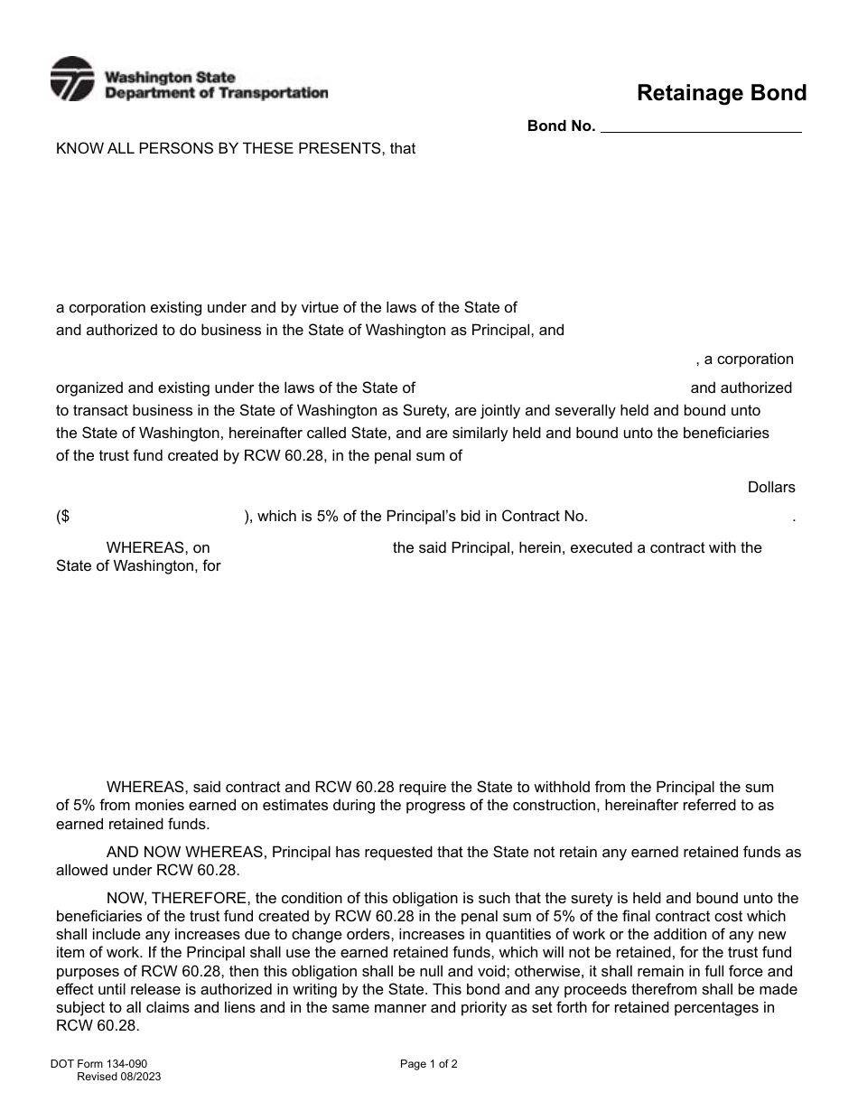 DOT Form 134-090 Retainage Bond - Washington, Page 1