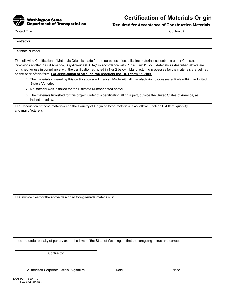 DOT Form 350-110 Download Fillable PDF or Fill Online Certification of ...