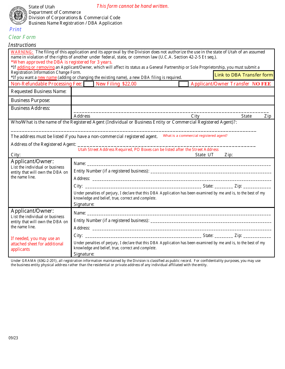 Business Name Registration / Dba Application - Utah, Page 1