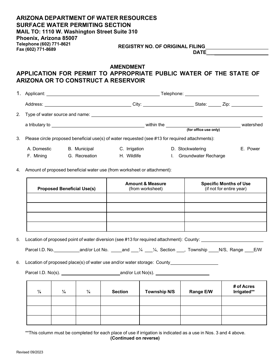 Amendment Application for Permit to Appropriate Public Water of the State of Arizona or to Construct a Reservoir - Arizona, Page 1