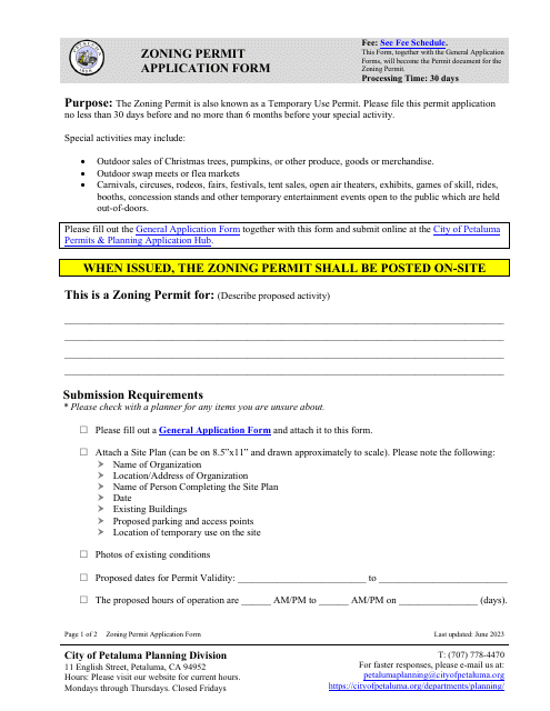 Zoning Permit Application Form - City of Petaluma, California Download Pdf