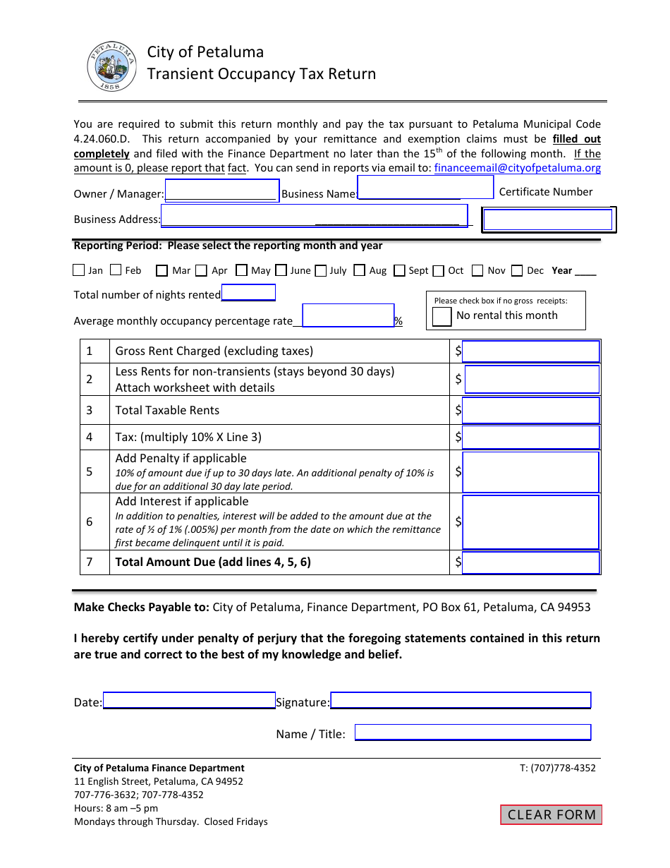 City of Petaluma, California Transient Occupancy Tax Return Fill Out