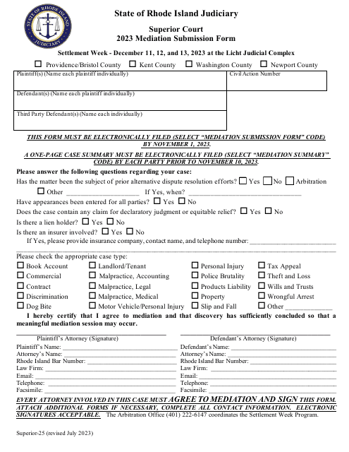 Form Superior-25 Mediation Submission Form - Rhode Island, 2023