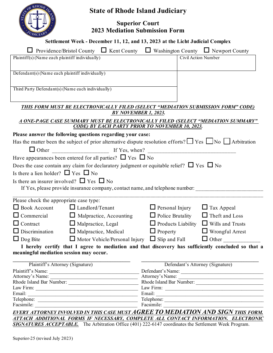 Form Superior-25 Mediation Submission Form - Rhode Island, Page 1