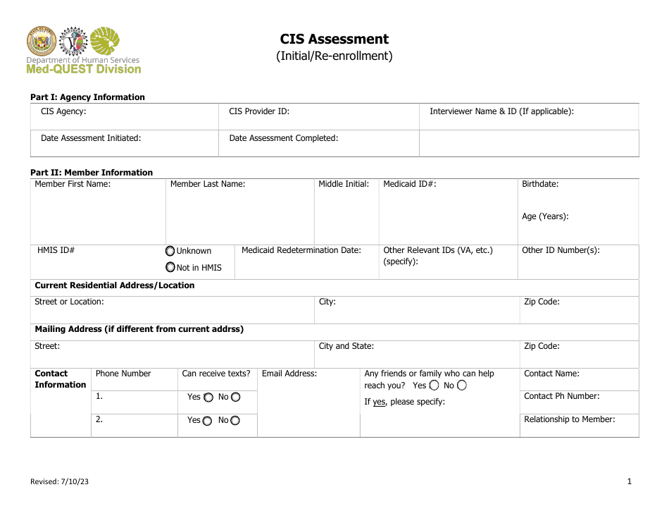Cis Assessment (Initial / Re-enrollment) - Hawaii, Page 1