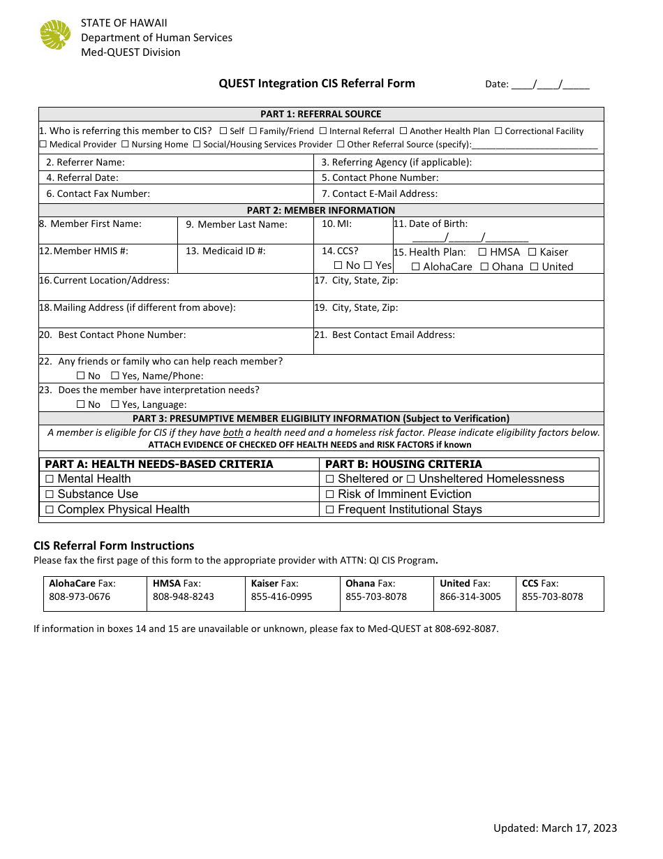 Hawaii Quest Integration Cis Referral Form Fill Out, Sign Online and