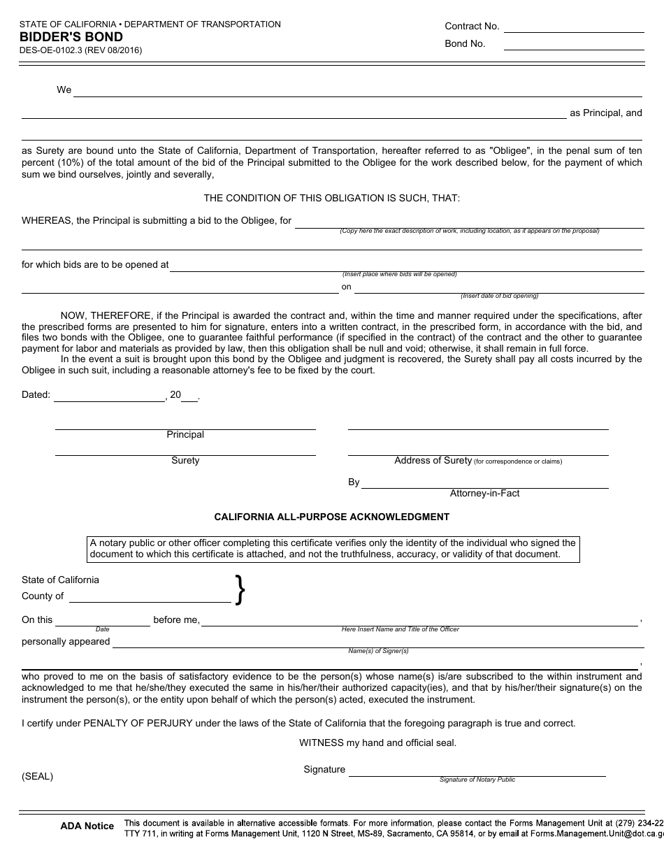 Form DES-OE-0102.3 Bidders Bond - California, Page 1
