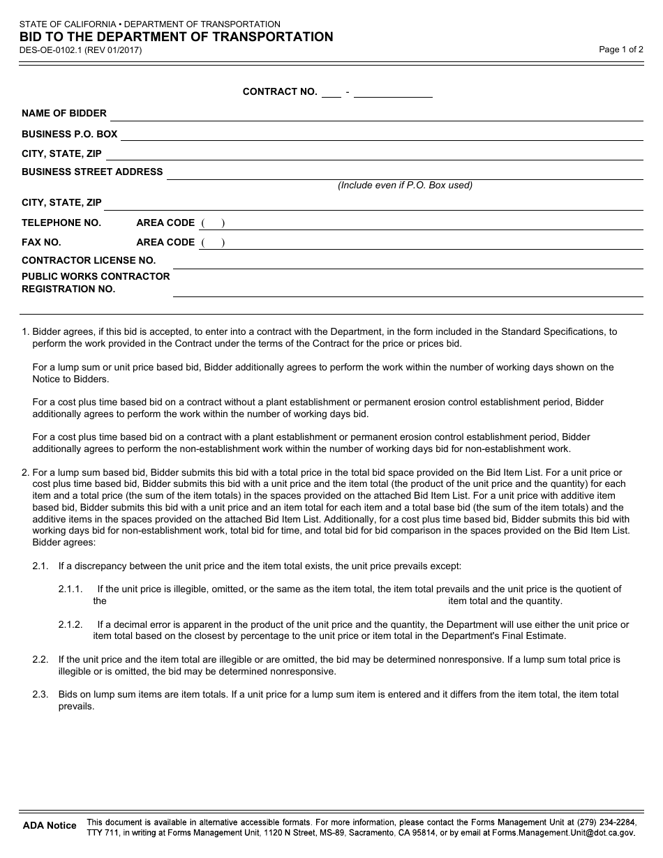 Form DES-OE-0102.1 Bid to the Department of Transportation - California, Page 1