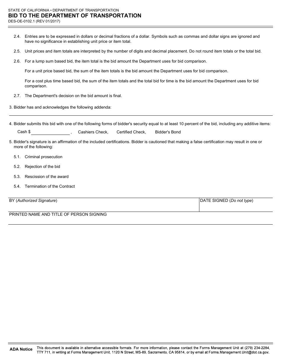 Form DES-OE-0102.1 Bid to the Department of Transportation - California, Page 2
