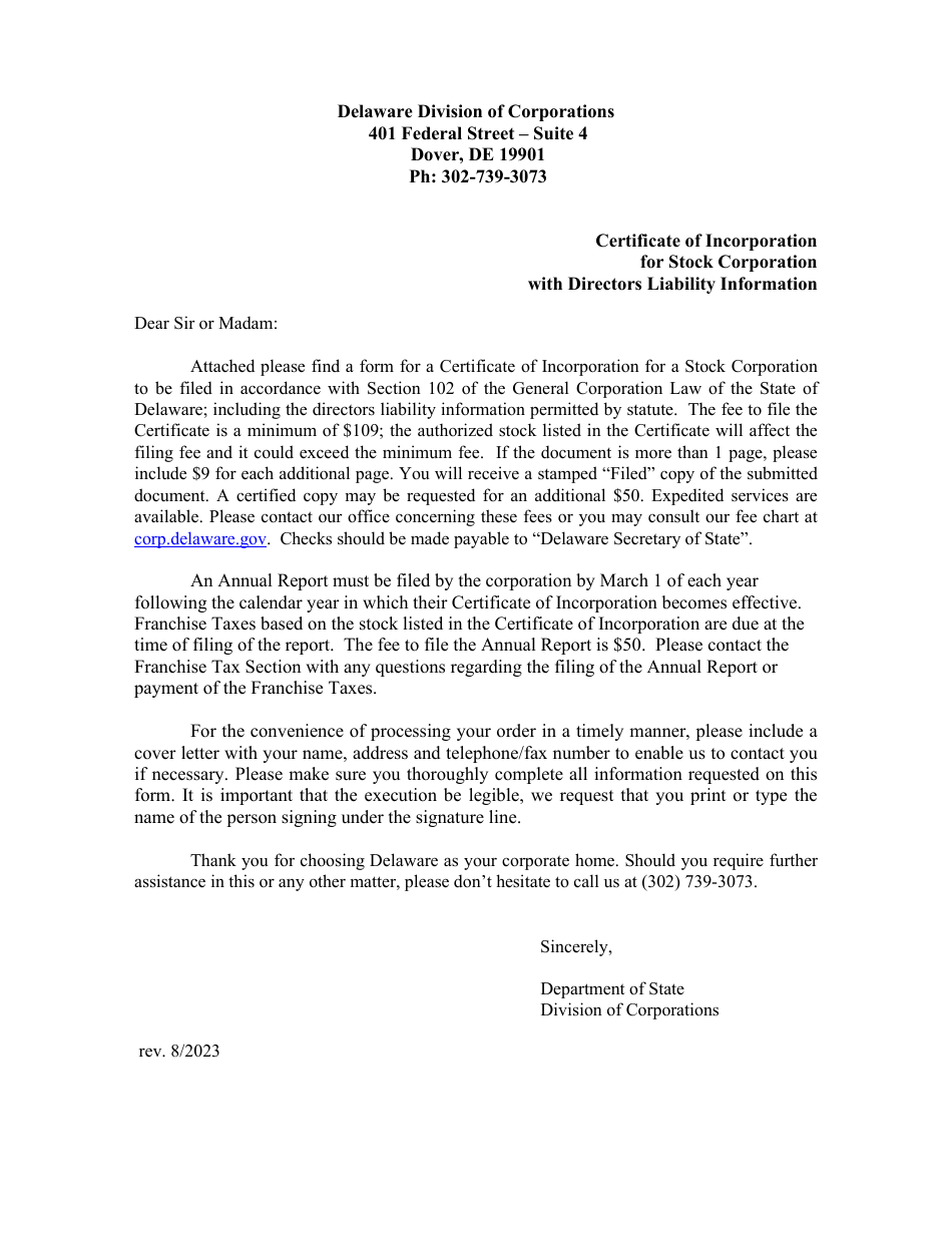 Delaware Certificate of Incorporation a Stock Corporation (With