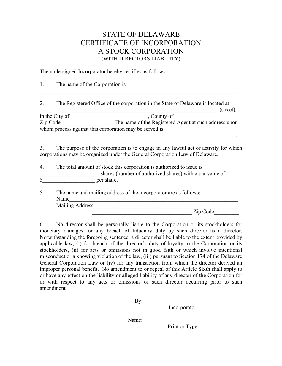 Delaware Certificate of Incorporation a Stock Corporation (With