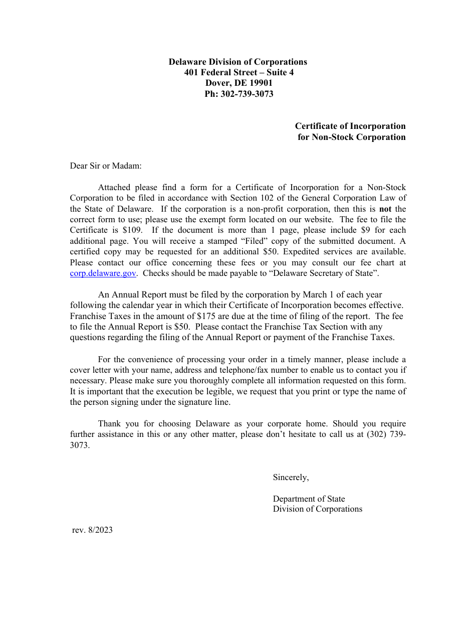 Certificate of Incorporation a Non-stock Corporation - Delaware, Page 1
