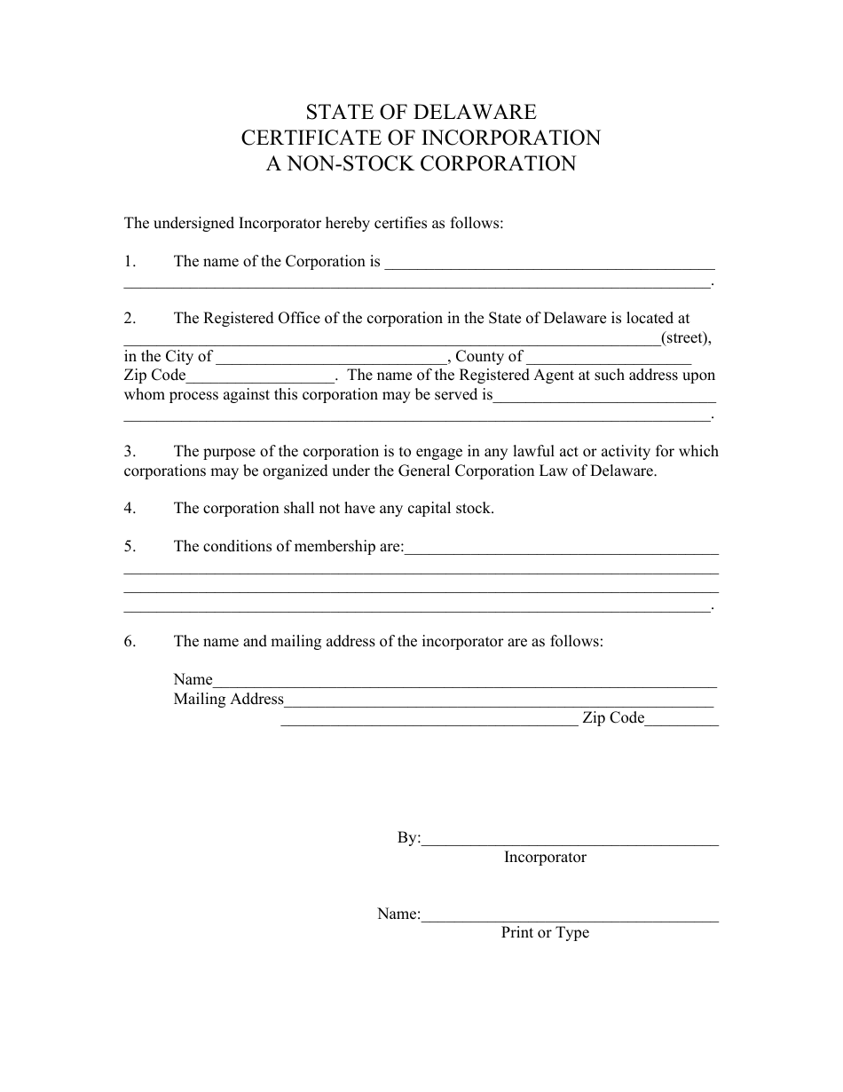 Delaware Certificate of Incorporation a Nonstock Corporation Fill