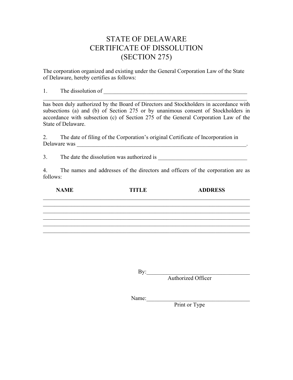 Delaware Certificate Of Dissolution